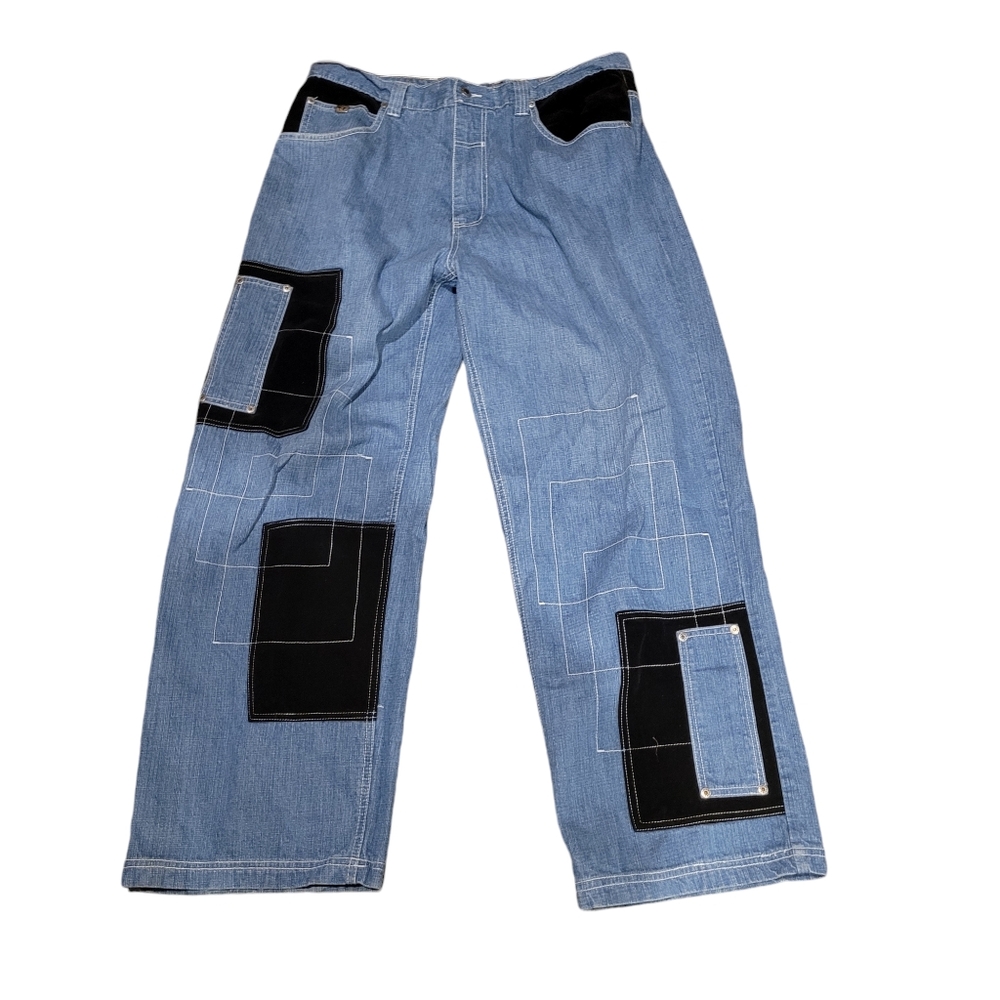 VTG Rare Y2K Muka Wear Velvet  Patchwork Baggy Denim Jeans Mens 38x31
